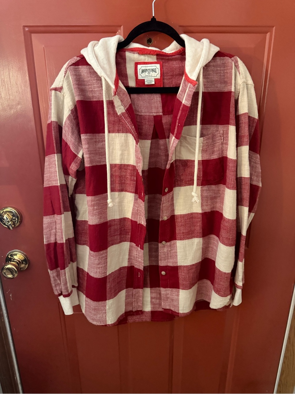 XSAmerican Eagle Red & White Plaid Hooded Button-Up